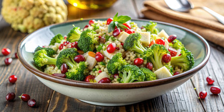 Fresh and vibrant salad with pomegranate seeds in a bowl.の素材