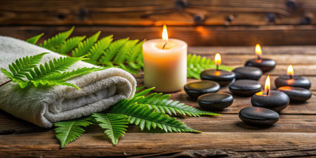 Spa Setting with Fern Leaves, Stones, and Candleの素材