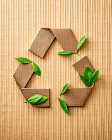 Recycling Symbol Made of Cardboard on Bamboo Matの素材