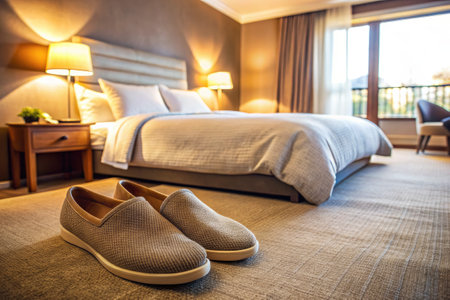 Cozy Hotel Room with Slippers on Carpeted Floorの素材