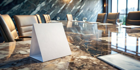 Empty table card on a marble conference table in a modern meeting room.の素材