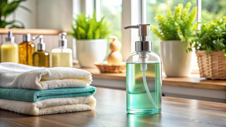 Stylish bathroom with soap dispenser and towels on the counter.の素材
