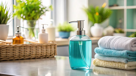 Cozy living space with neatly folded towels and potted plants.の素材