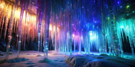 Vibrant aurora lighting up a snowy forestの素材