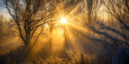 Sunlight filtering through a winter forestの素材