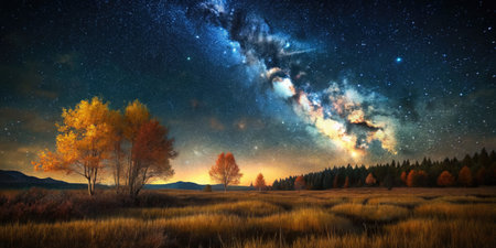 Night sky ablaze with the Milky Way over a peaceful landscapeの素材