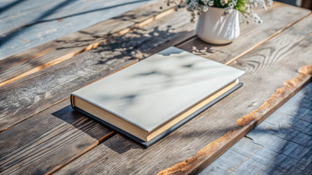 Closed Book on a Rustic Wooden Table with Flowersの素材