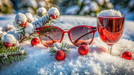 Red Sunglasses and Wine Glass in a Snowy Christmas Sceneの素材