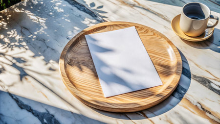 Wooden tray with paper and cup in morning sunlightの素材