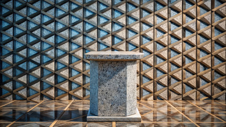 Stone pedestal against a textured geometric background.の素材