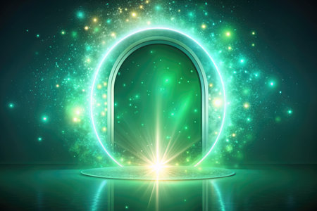 Glowing green archway in a futuristic setting.の素材