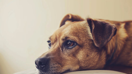 Close-up of a dog's face with a thoughtful expression.の素材