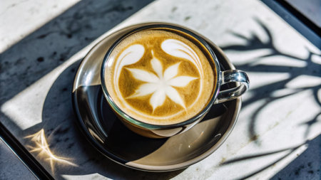 Latte art in a black cup with a flower design on top.の素材