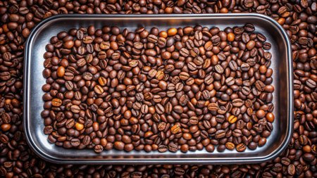 Tray filled with roasted coffee beans.の素材