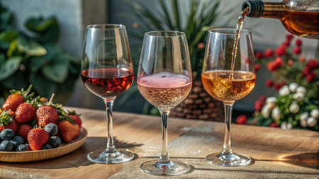 Glasses of wine with strawberries on a table.の素材