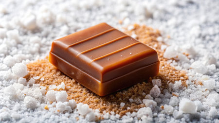 Caramel chocolate square on a bed of salt.の素材