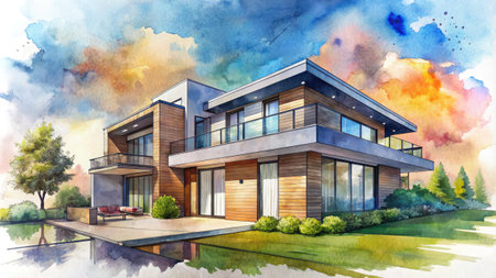 Modern house with a spacious lawn under a cloudy sky.の素材