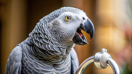 Close up of a talking parrot with a curious expression.の素材