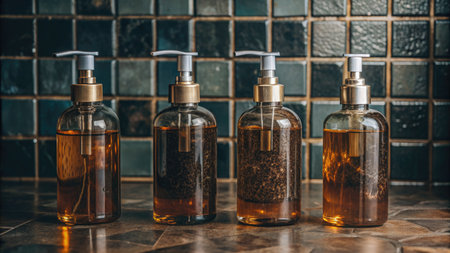 Stylish soap dispensers arranged on a bathroom countertop.の素材