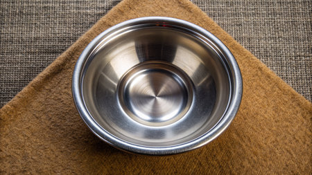 Stainless steel bowl on a burlap cloth.の素材