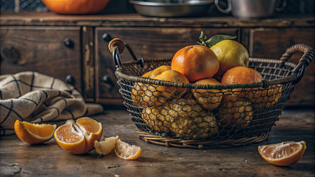 Basket of fresh citrus fruits on a rustic table.の素材