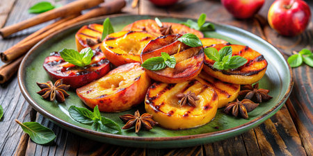 Grilled peaches garnished with fresh mint leaves.の素材