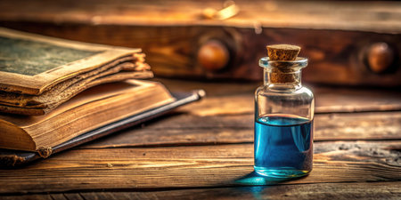 Antique books and an ink bottle on a wooden table.の素材