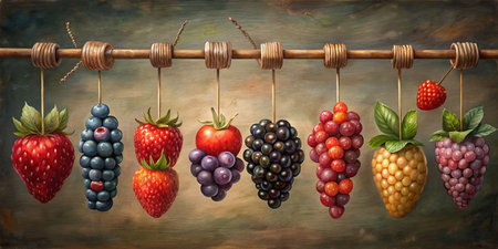 Fresh fruit hanging on a string with a rustic background.の素材