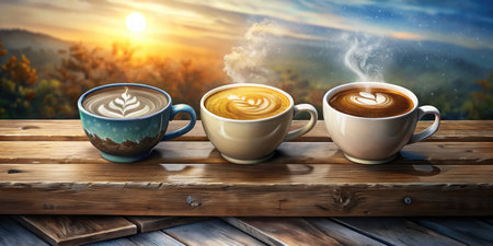Three cups of coffee with beautiful latte art on a wooden table.の素材
