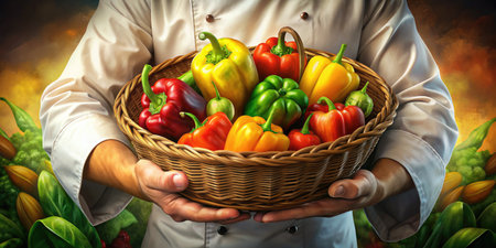 Chef holding a basket of fresh vegetables.の素材