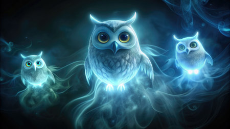 Glowing owls in a mystical night scene.の素材