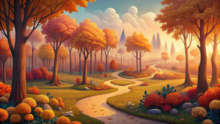 Serene autumn park with a winding path.の素材