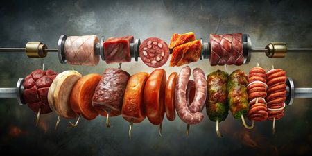 Variety of skewered meats and vegetables ready for grilling.の素材