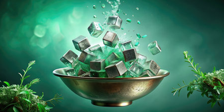 Abstract green cubes floating in a bowl.の素材