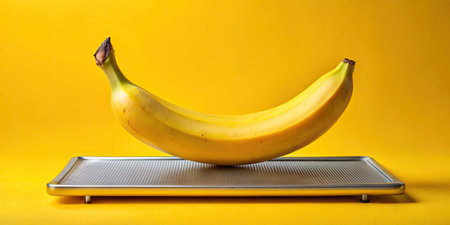 Single ripe banana on a yellow background.の素材