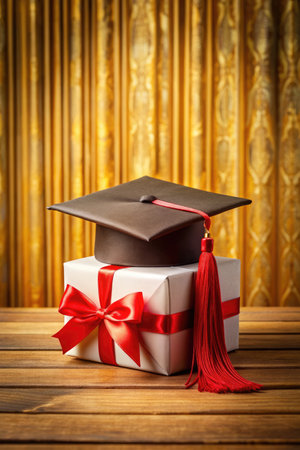 Graduation cap on a gift box with a golden curtain backdrop.の素材