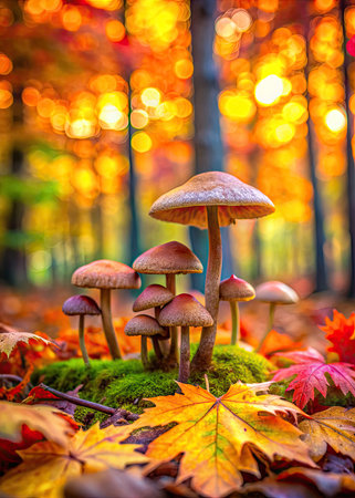 Mushrooms growing among vibrant autumn leaves.の素材