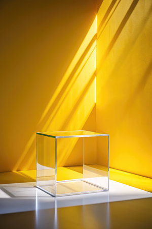 Minimalist yellow and white display with a glass cube.の素材