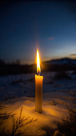 Lonely candle burning softly in the evening light.の素材