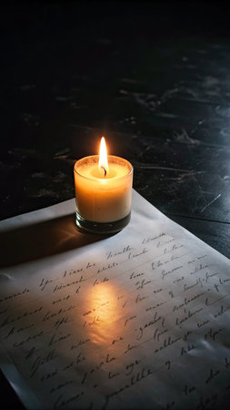A single candle burns beside a handwritten letter.の素材