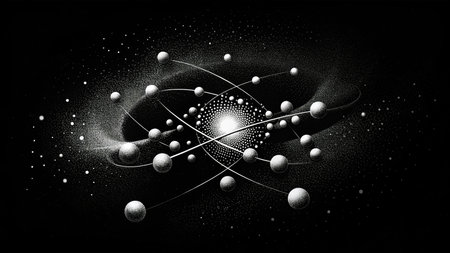 An artistic depiction of atomic particles in motion.の素材