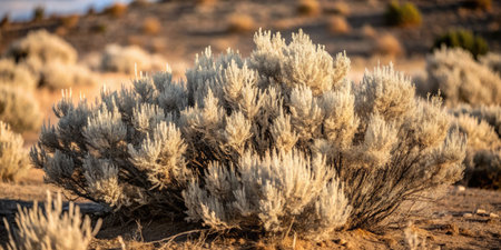 Desert shrubbery under a soft golden light.の素材