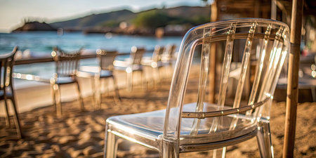 Beachside scene with clear chairs and tables on the sand.の素材