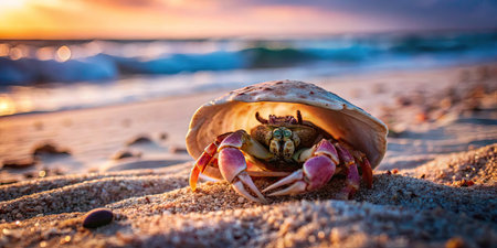 A curious crab explores the sandy beach with determination.の素材