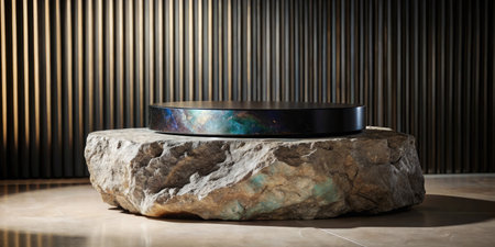 Modern stone basin on a textured wooden surface.の素材