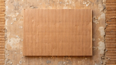Brown corrugated cardboard box on old wall background. Top viewの素材