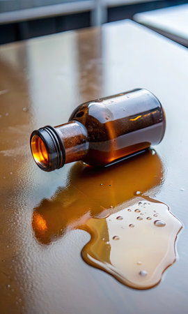 Amber glass bottle lying on a wet reflective surfaceの素材