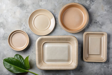 Eco-friendly disposable tableware on grey background, top viewの素材