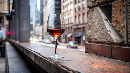 Glass of red wine on the street in New York City, USAの素材