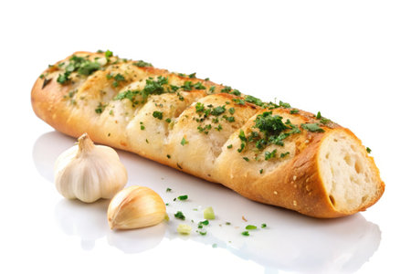 Garlic baguette with parsley and garlic isolated on whiteの素材